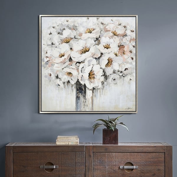 Hand Painted Acrylic Wall Art White Bouquet in Vase on a 39 x 39 Square