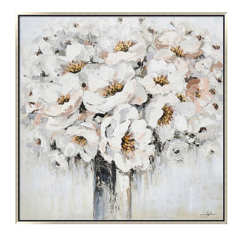 Hand Painted Acrylic Wall Art White Bouquet in Vase on a 39 x 39 Square Canvas with a Silver Wooden Frame