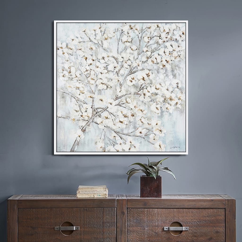 Hand Painted Acrylic Wall Art White Flower Tree on a 39 x 39 Square Canvas with a White Wooden Frame