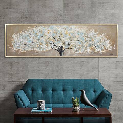 Hand Painted Acrylic Wall Art White Tree on a 71 x 20 Rectangular Canvas with a Gold Wooden Frame
