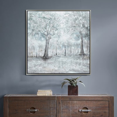 Hand Painted Acrylic Wall Art Snowy Forrest on a 39 x 39 Square Canvas with a Silver Wooden Frame