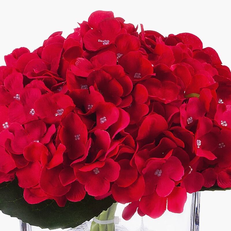 Enova Home Artificial Silk Hydrangea Fake Flowers Arrangement in Cube Glass Vase with Faux Water for Home Office Wedding Decor