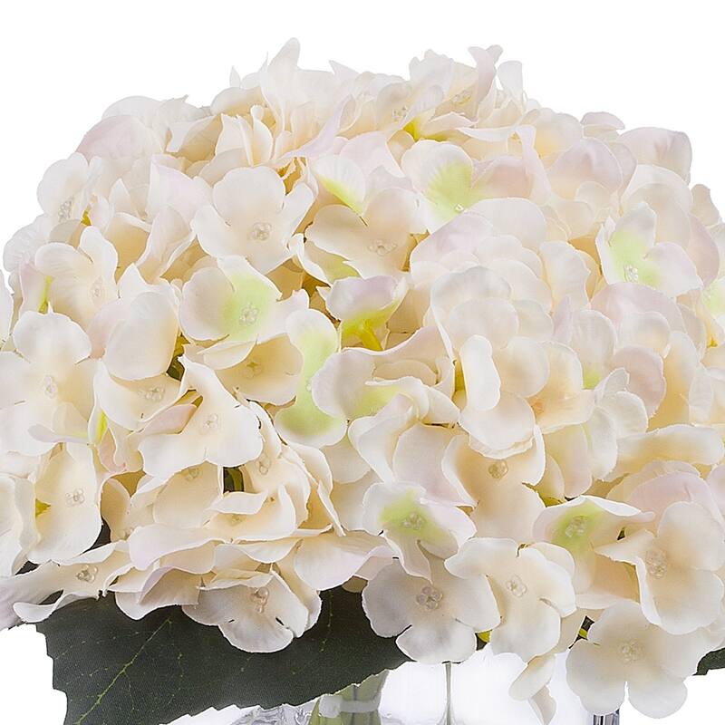 Enova Home Artificial Silk Hydrangea Fake Flowers Arrangement in Cube Glass Vase with Faux Water for Home Office Wedding Decor