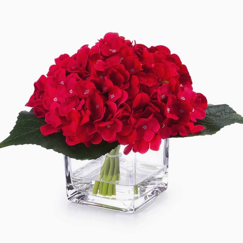 Enova Home Artificial Silk Hydrangea Fake Flowers Arrangement in Cube Glass Vase with Faux Water for Home Office Wedding Decor - Red