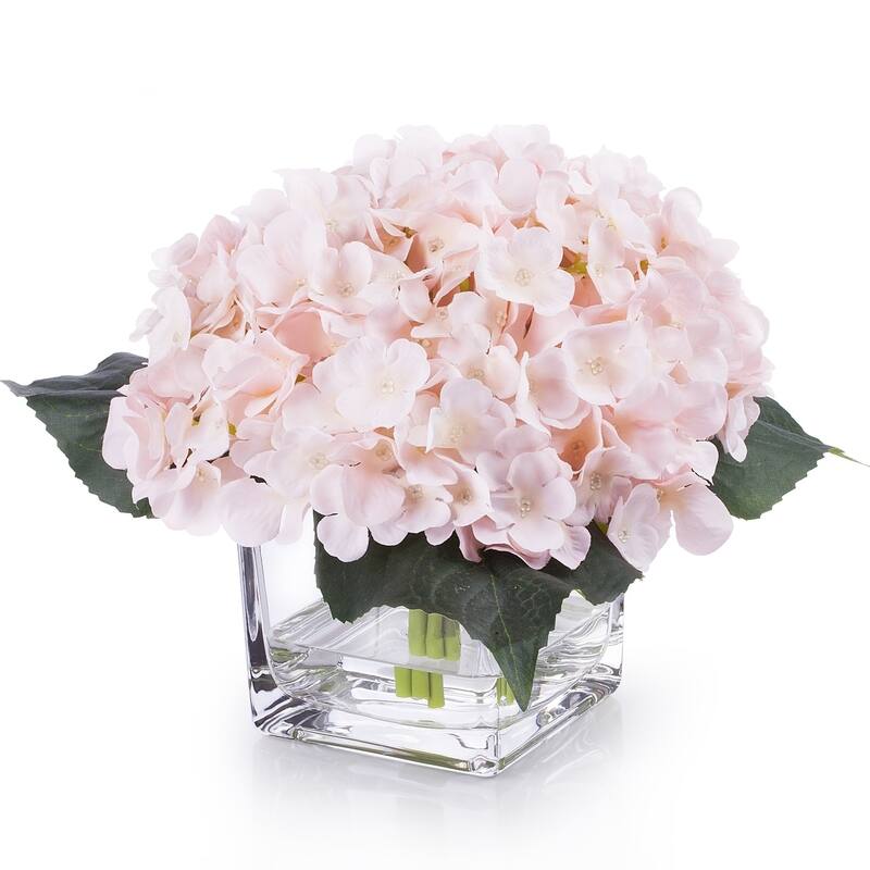 Enova Home Artificial Silk Hydrangea Fake Flowers Arrangement in Cube Glass Vase with Faux Water for Home Office Wedding Decor - Blush