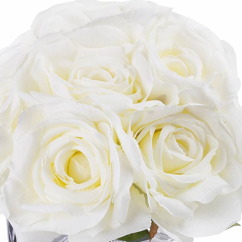 Enova Home Artificial Open Fake Silk Roses Flowers Arrangement in Cube Glass Vase with Faux Water for Home Wedding Decoration