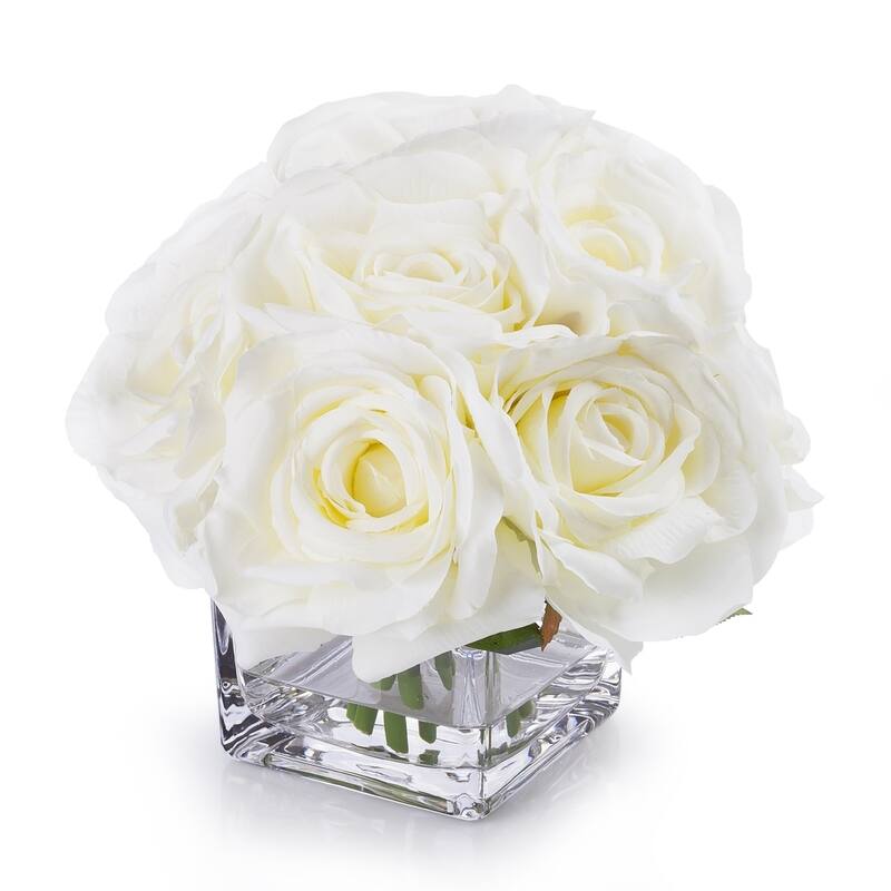 Enova Home Artificial Open Fake Silk Roses Flowers Arrangement in Cube Glass Vase with Faux Water for Home Wedding Decoration