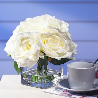 Enova Home Artificial Open Fake Silk Roses Flowers Arrangement in Cube Glass Vase with Faux Water for Home Wedding Decoration