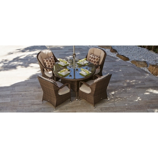 Direct Wicker Mixed Brown Wicker/Aluminium/Glass 4-seat Round Dining Set with Beige Cushions
