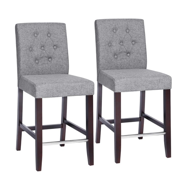 Shop Button Tufted Fabric Upholstered Wooden Bar Stool, Set of 2, Gray ...