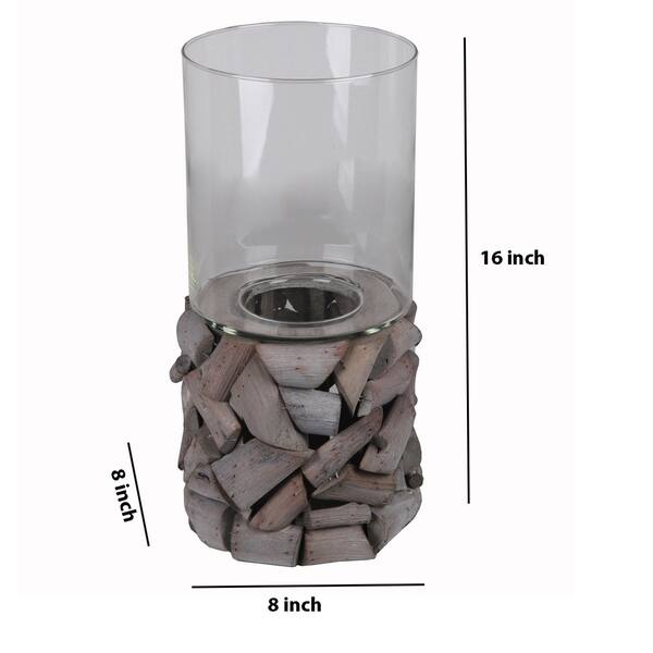 Quaint Style Wood and Glass Candle holder, Large, Gray and Clear