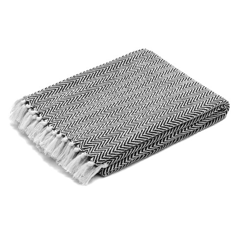 The Curated Nomad Renere Black and White Herringbone Throw Blanket with Fringe