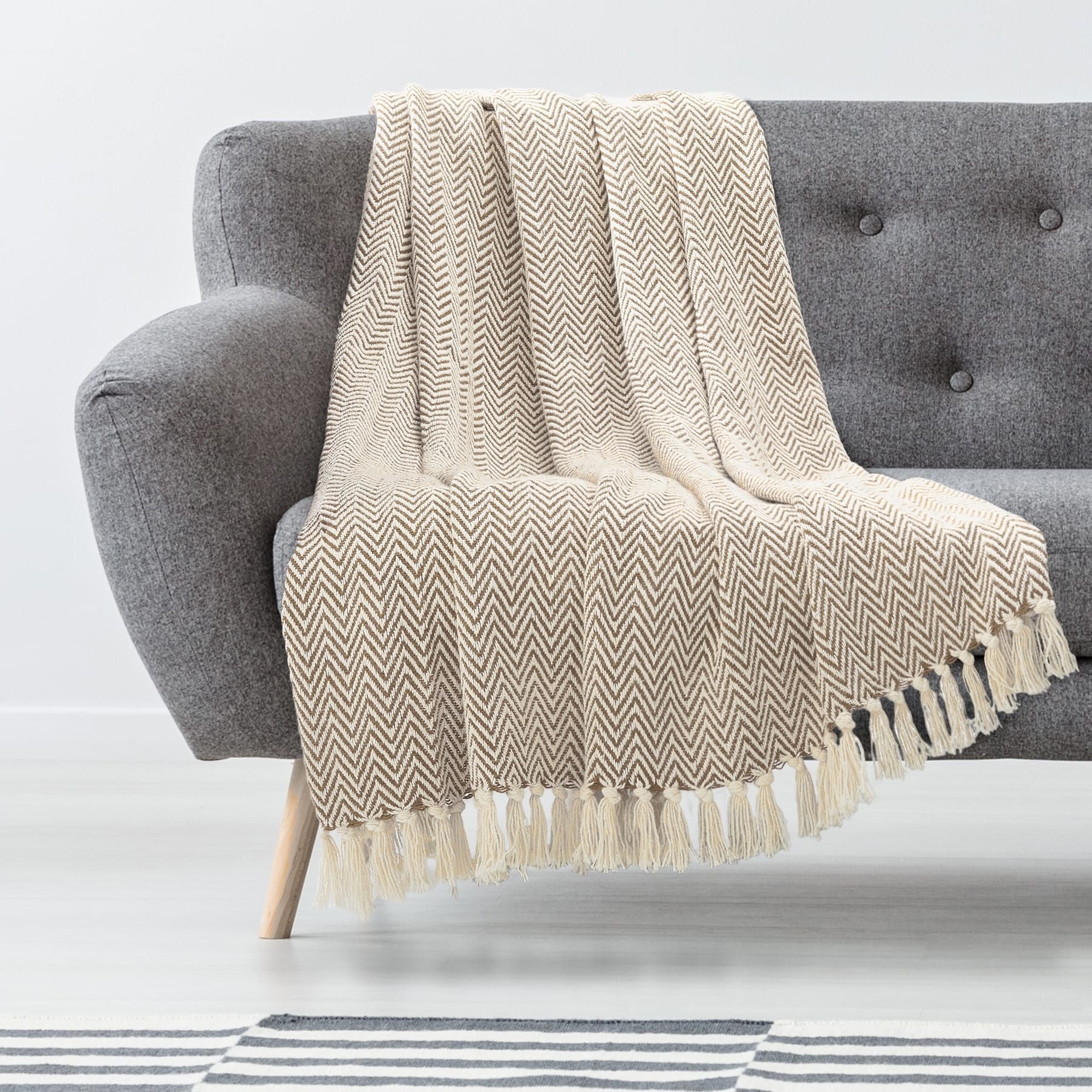 Bed Throw Blanket Fringed 100% Cotton Natural Beige Herringbone Large Sofa 