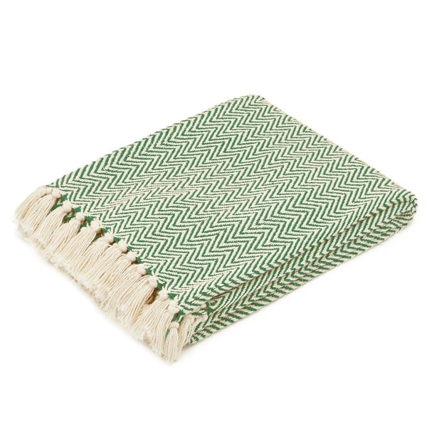 The Curated Nomad Renere Sage and Beige Herringbone Throw Blanket with Fringe. Opens flyout.