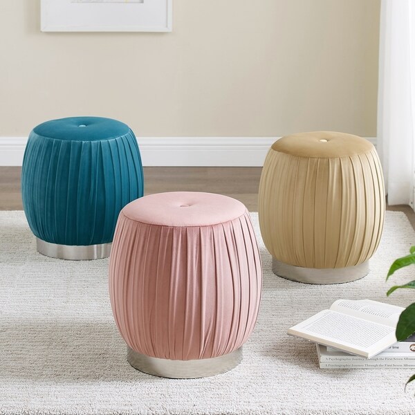 Art-Leon Pleated Velvet Round Vanity Ottoman Stool with Silver Base In