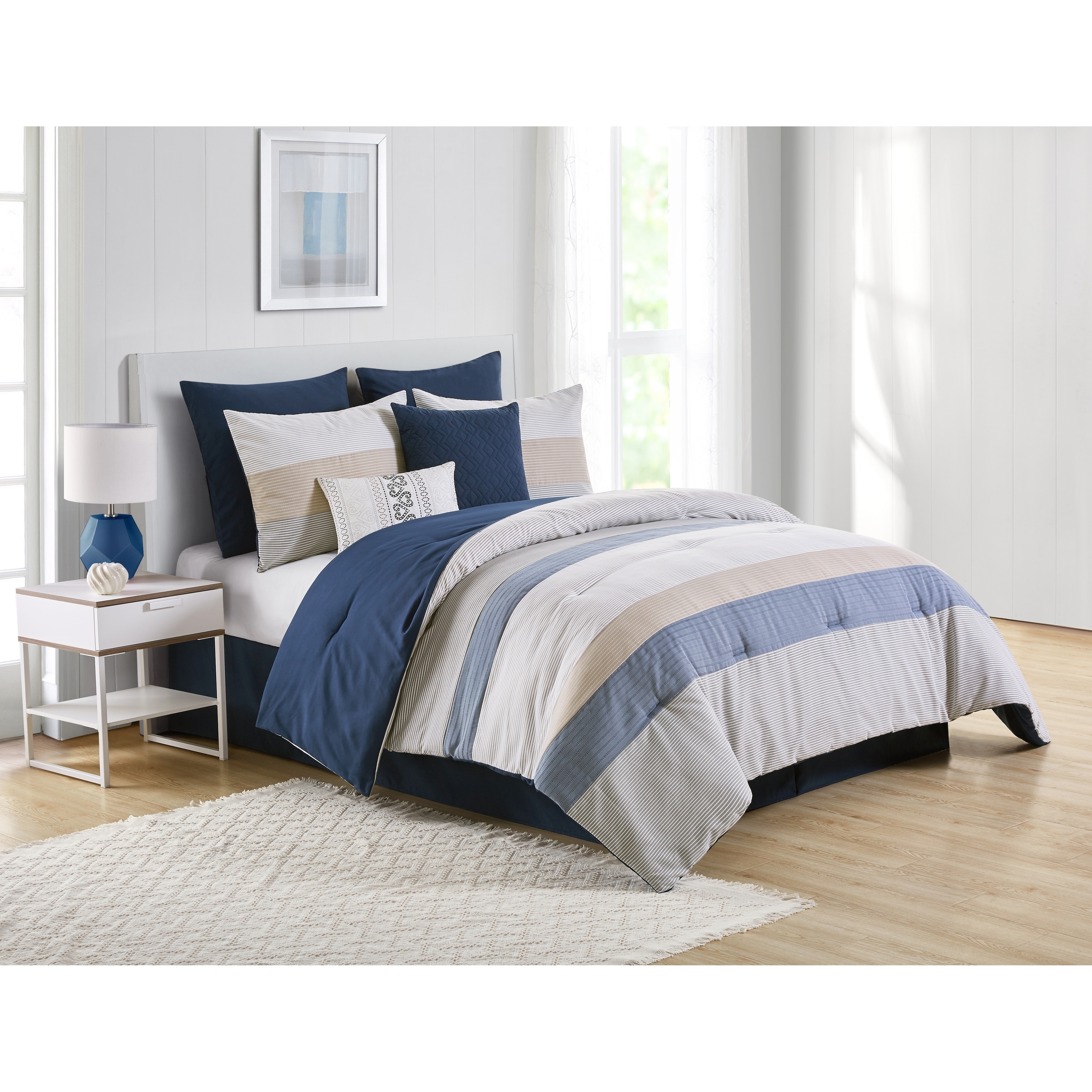 blue and beige comforter set