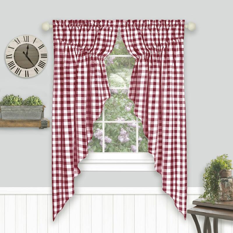 Buffalo Check Gathered Swag Window Curtain Pair - 72x63 - Burgundy
