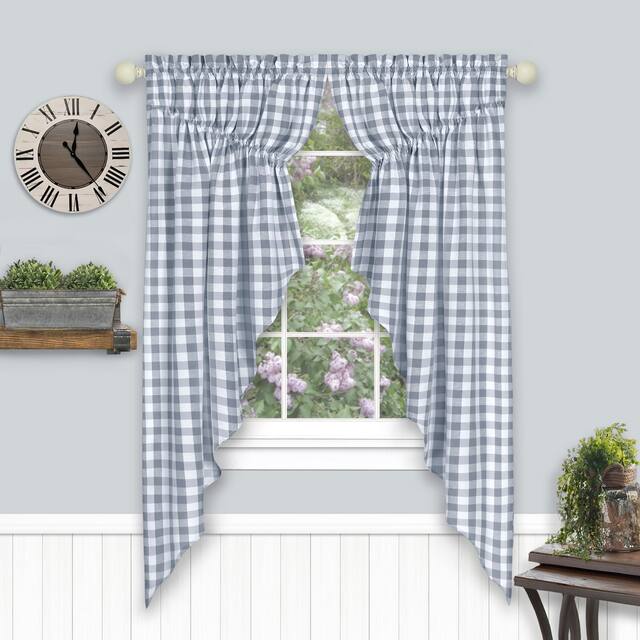 Buffalo Check Gathered Swag Window Curtain Pair - 72x63 - Grey