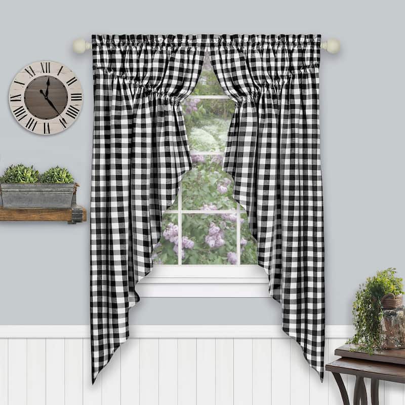 Buffalo Check Gathered Swag Window Curtain Pair - 72x63 - Black