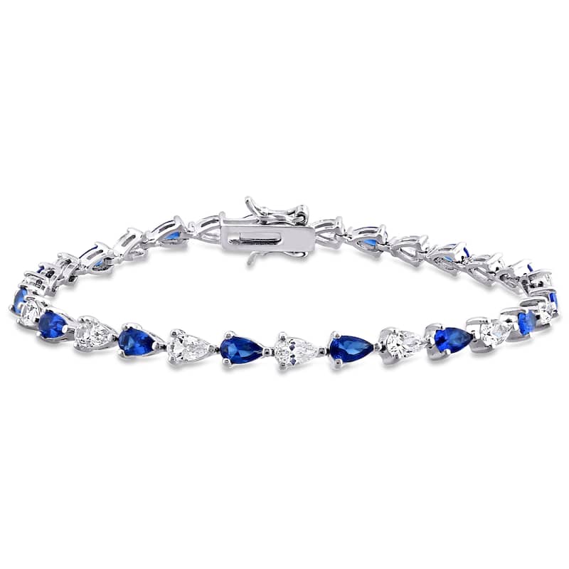 Miadora Sterling Silver Pear-cut Created Blue and White Sapphire Tennis Bracelet
