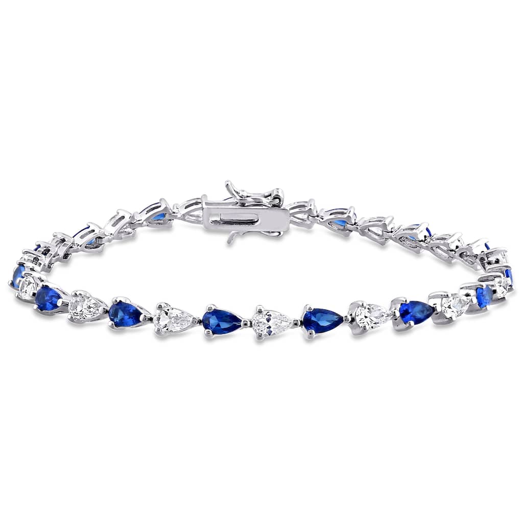 Miadora Sterling Silver Pear-cut Created Blue and White Sapphire Tennis Bracelet