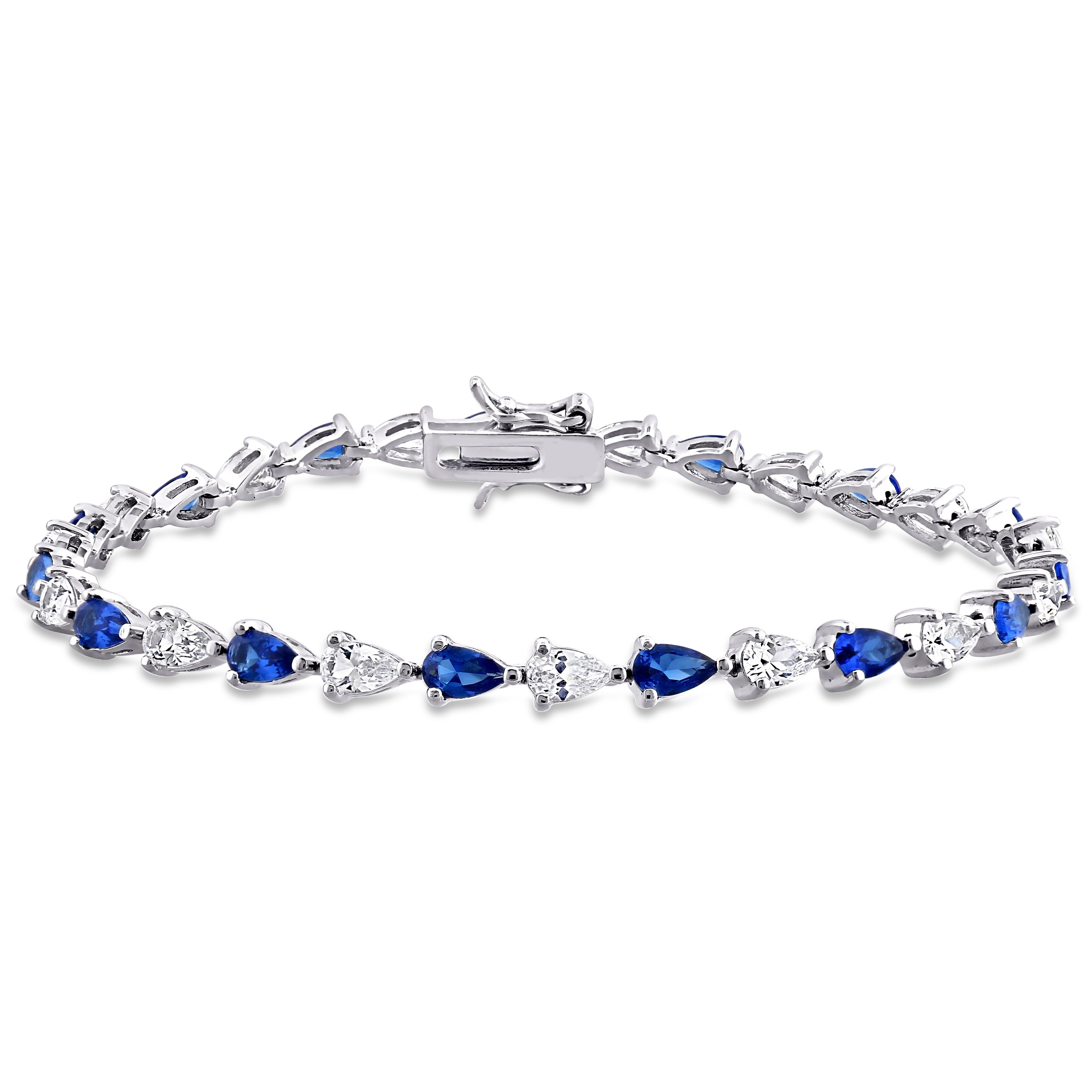 Miadora Sterling Silver Pear-cut Created Blue and White Sapphire Tennis Bracelet