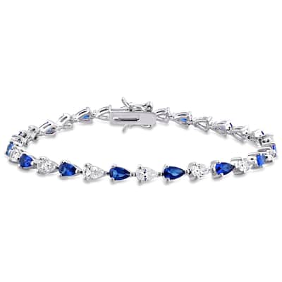 Miadora Sterling Silver Pear-cut Created Blue and White Sapphire Tennis Bracelet
