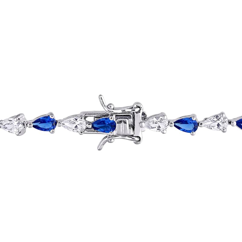 Miadora Sterling Silver Pear-cut Created Blue and White Sapphire Tennis Bracelet