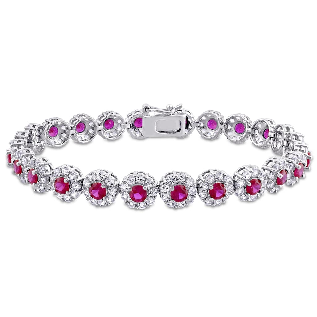 Miadora Sterling Silver Red Cubic Zirconia and Created White Sapphire Floral Halo Tennis Bracelet