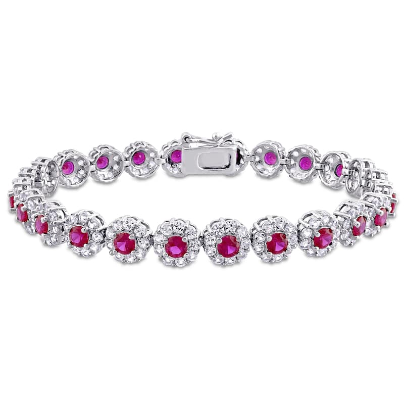 Miadora Sterling Silver Red Cubic Zirconia and Created White Sapphire Floral Halo Tennis Bracelet