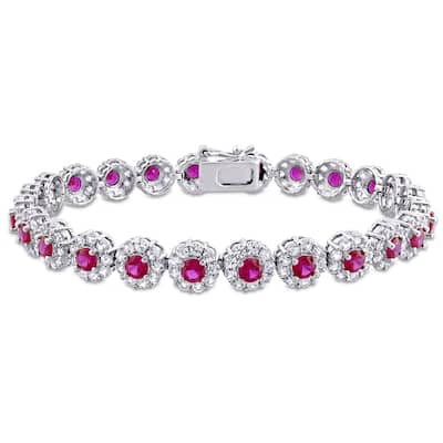 Miadora Sterling Silver Red Cubic Zirconia and Created White Sapphire Floral Halo Tennis Bracelet