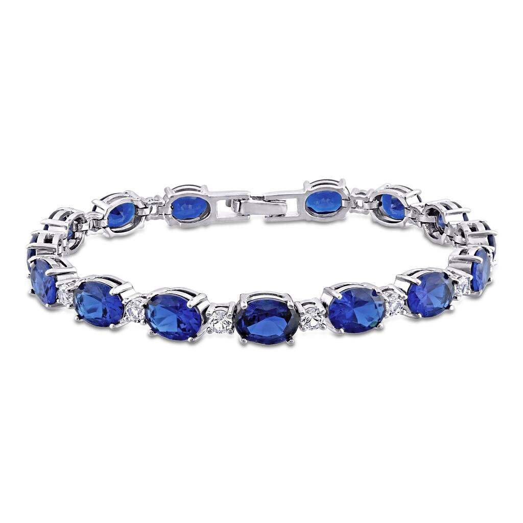 Miadora Sterling Silver Created Blue and White Sapphire Oval Link Tennis Bracelet