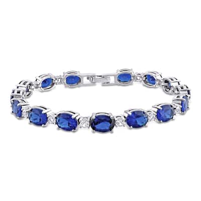 Miadora Sterling Silver Created Blue and White Sapphire Oval Link Tennis Bracelet