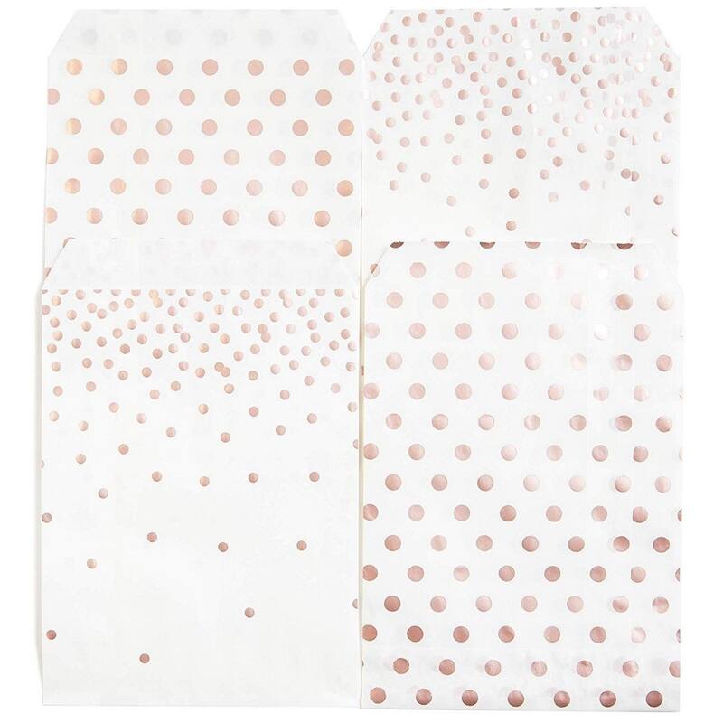 Blue Panda 100 Rose Gold Foil Dots Paper Treat Bags for Cookies, Candy Buffet, 5 x 7.5 In