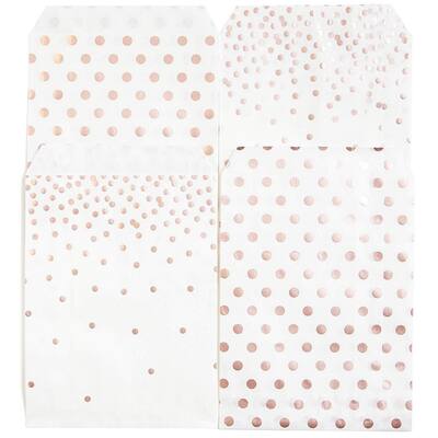 Blue Panda 100 Rose Gold Foil Dots Paper Treat Bags for Cookies, Candy Buffet, 5 x 7.5 In