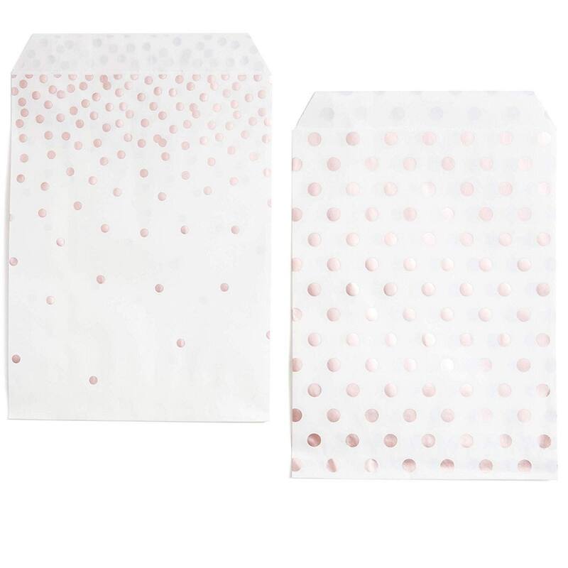 Blue Panda 100 Rose Gold Foil Dots Paper Treat Bags for Cookies, Candy Buffet, 5 x 7.5 In