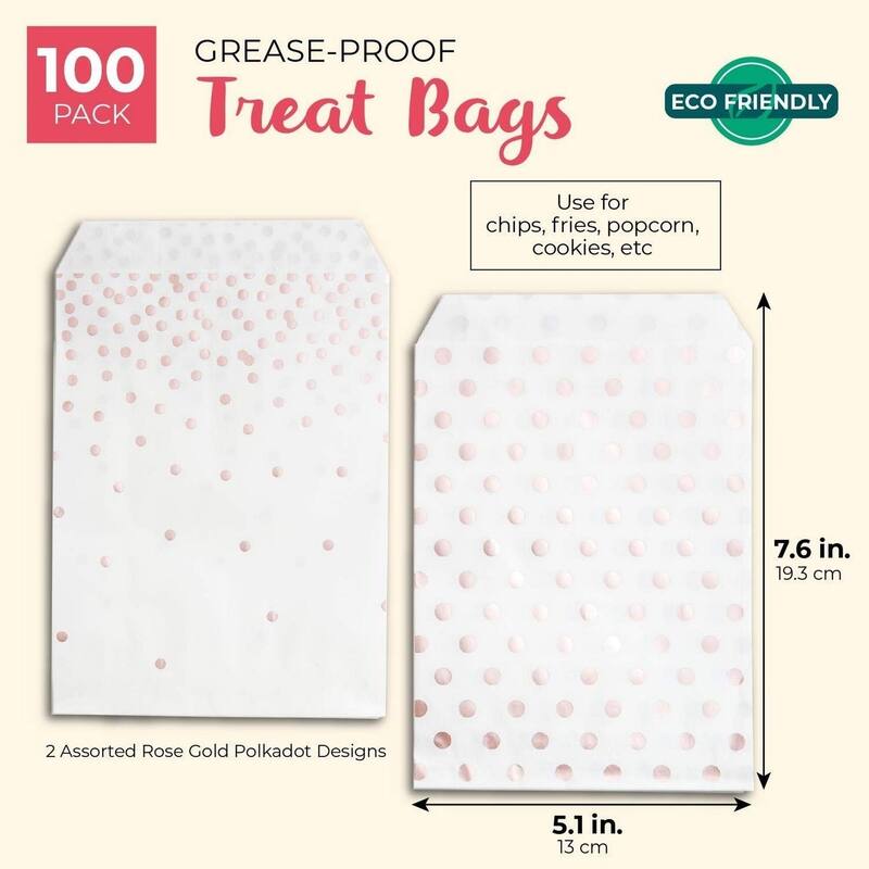 Blue Panda 100 Rose Gold Foil Dots Paper Treat Bags for Cookies, Candy Buffet, 5 x 7.5 In