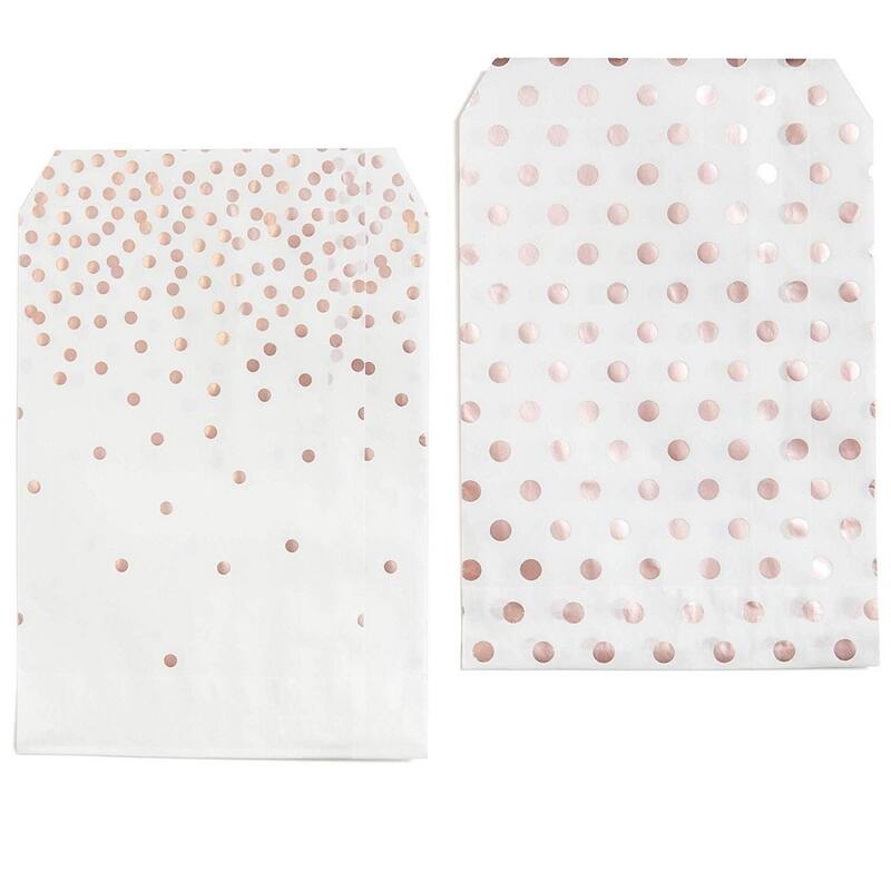 Blue Panda 100 Rose Gold Foil Dots Paper Treat Bags for Cookies, Candy Buffet, 5 x 7.5 In