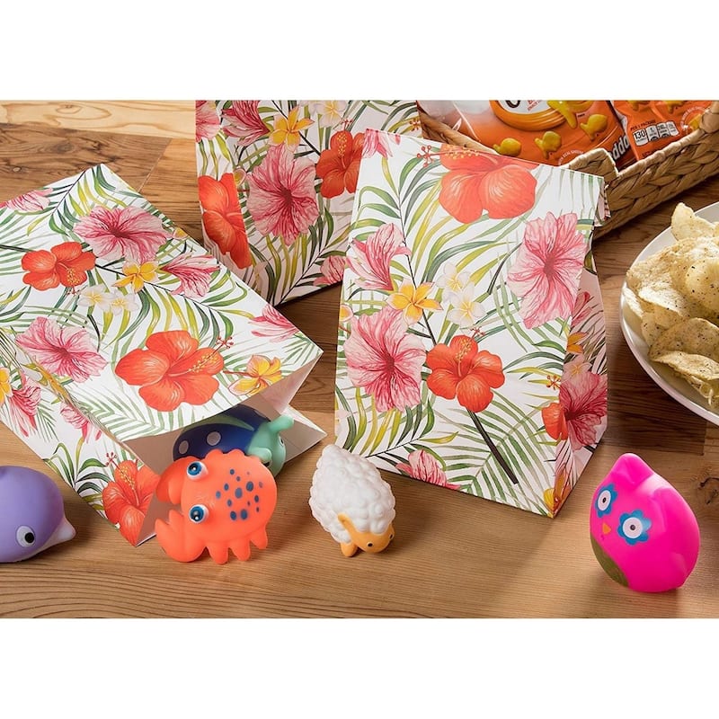 Blue Panda 36 Paper Gift Bags, Luau, Recyclable, Hibiscus Flower Design, 5.2"x 8.7"x 3.3"