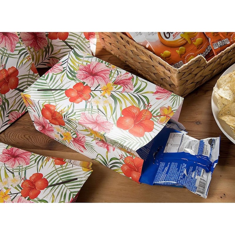 Blue Panda 36 Paper Gift Bags, Luau, Recyclable, Hibiscus Flower Design, 5.2"x 8.7"x 3.3"