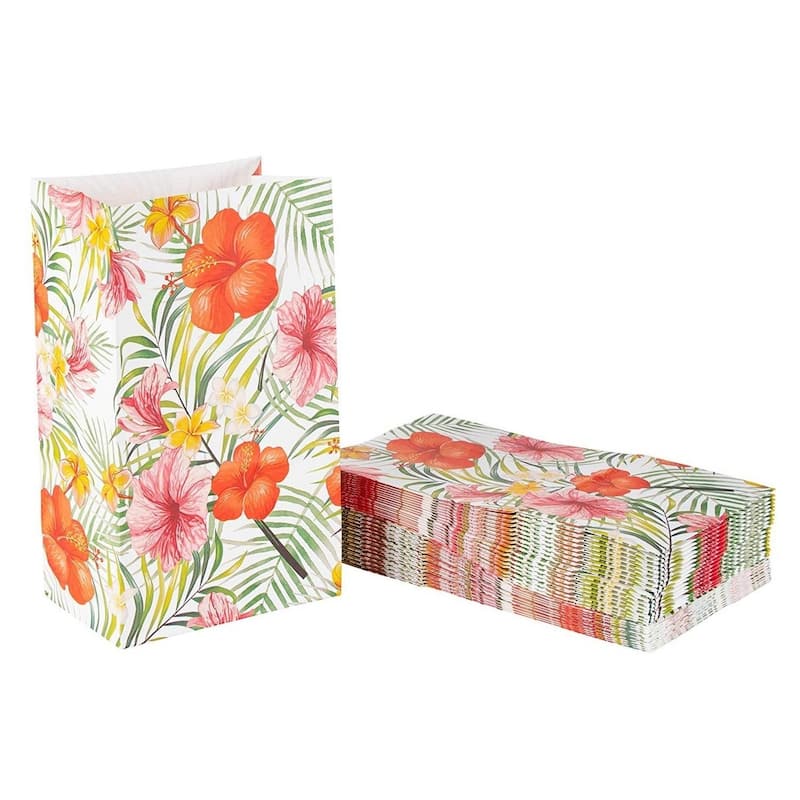 Blue Panda 36 Paper Gift Bags, Luau, Recyclable, Hibiscus Flower Design, 5.2"x 8.7"x 3.3"
