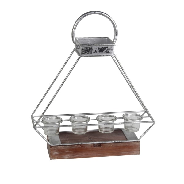 Wooden Base Metal Candle Lantern with 4 Glass Votive, Large, Silver