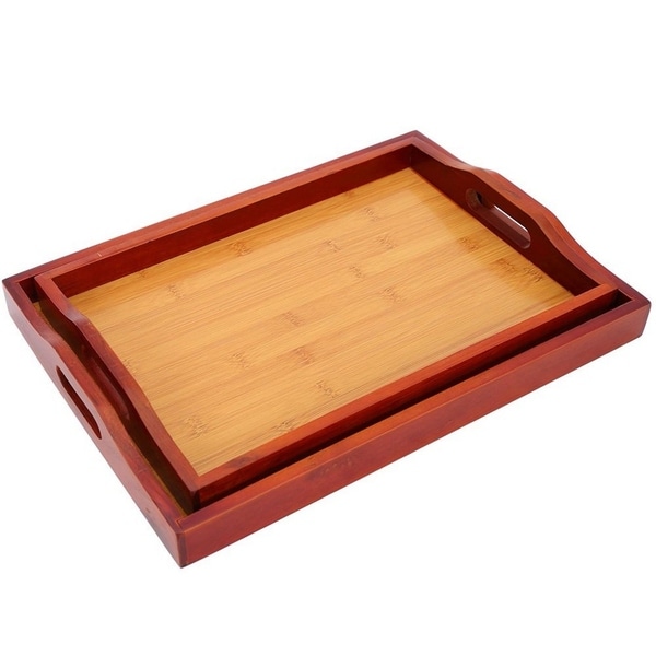 2 Pack Wooden Serving Food Tray with Handle, Easy Carry, Red Brown, 16 x 2 x 12". Opens flyout.