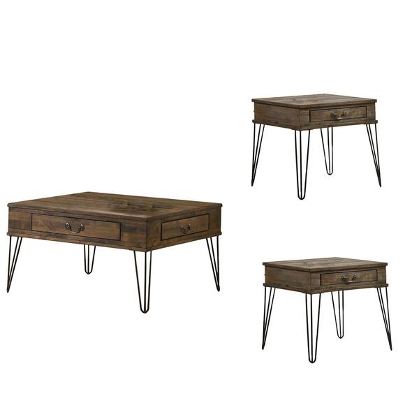 Best Quality Furniture 3 Piece Oak Color Coffee Table Set Drawers Metal Legs Coffee 2 End Tables On Sale Overstock 30435200