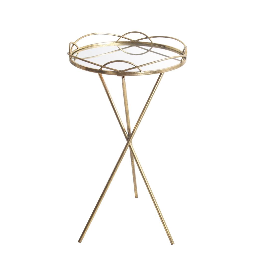 Round Metal and Mirror Accent Stand with Tripod Support, Gold