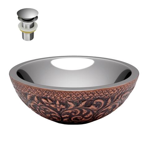 ANZZI Crete Polished Antique Copper 14 in. Handmade Vessel Sink with Nickel Interior and Floral Design Exterior