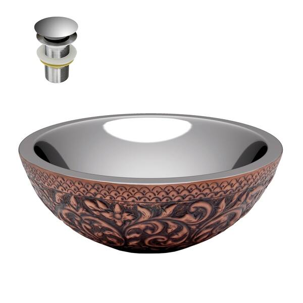 Crete 14 in. Handmade Vessel Sink in Polished Antique Copper with Nickel Interior and Floral Design Exterior Crete 14 in. Handmade Vessel Sink in Polished Antique Copper with Nickel Interior and Floral Design Exterior