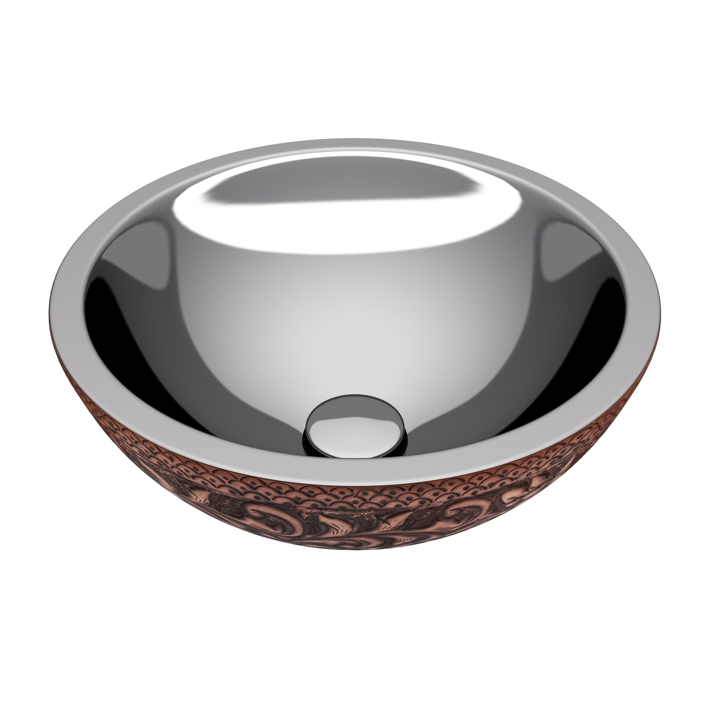 Crete 14 in. Handmade Vessel Sink in Polished Antique Copper with Nickel Interior and Floral Design Exterior Crete 14 in. Handmade Vessel Sink in Polished Antique Copper with Nickel Interior and Floral Design Exterior