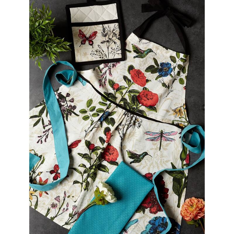 DII Botanical Print Kitchen Textiles, Apron, Potholder, and Dishtowel, Botanical, 3 Pieces