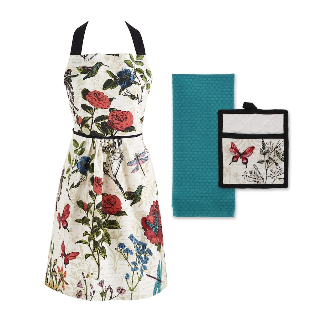 DII Botanical Print Kitchen Textiles, Apron, Potholder, and Dishtowel, Botanical, 3 Pieces